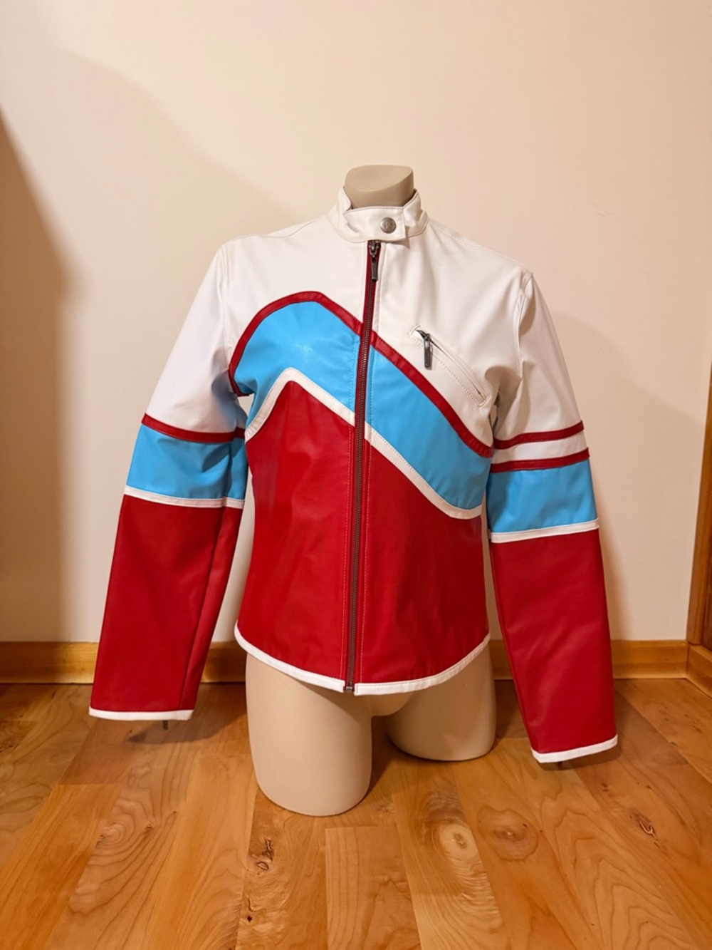 Ungava Radicql Red, White & Sky Blue Retro Moto Jacket